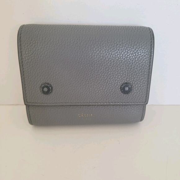 Celine Trifold Compact Wallet Gray Pebble Leather Small Card Bill Coin Holder - Picture 1 of 14